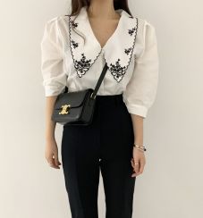 2 Pcs Womens Fashion Vintage Color Block Sweet Lapel Embroidered Top