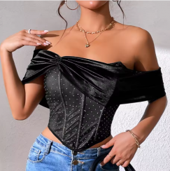 6 Pcs Beaded Spliced Mesh Black Strapless Top